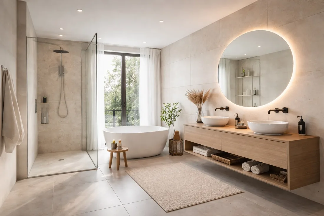 Helles Badezimmer mit bodengleicher Dusche, Doppelwaschtisch und rundem Spiegel