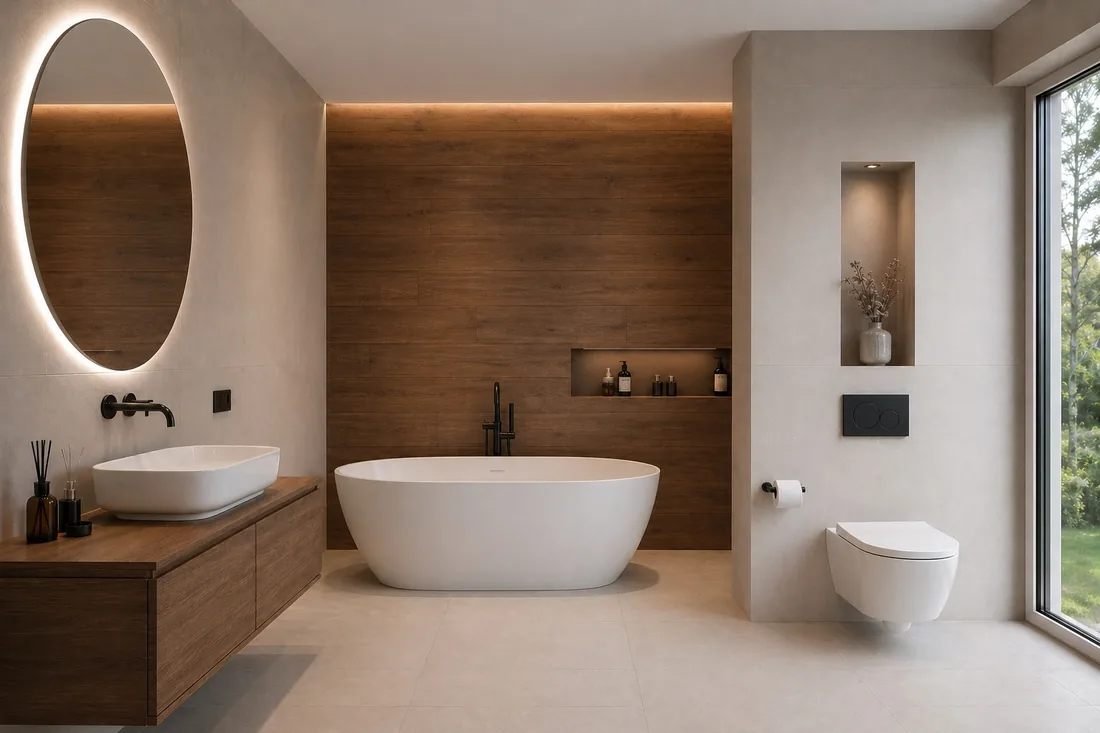 Badezimmer mit Holzverkleidung, freistehender Badewanne und Wand-WC