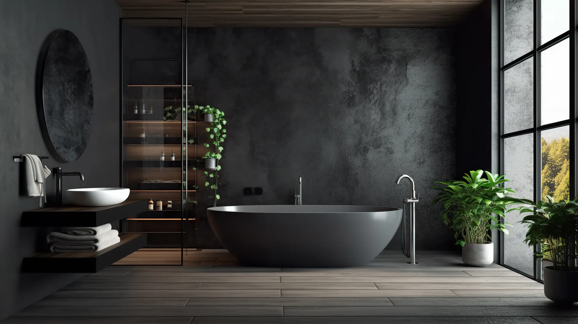 Modernes Badezimmer mit freistehender Wanne, dunklen Wänden und bodentiefem Fenster